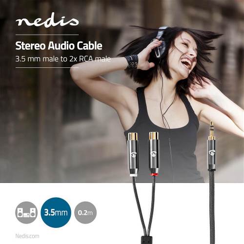 Nedis CATB22250GY02 Stereo Audio Adapter Cable | 3,5 mm Male - 2x RCA Female | 0,2 m | Gun Metal Grey Gevlochten