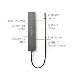 Nedis CCBW64260AT02 USB Multi-Port Adapter | USB 3.2 Gen 1 | USB-C™ Male | Micro SD / RJ45 Female / SD / 2x HDMI™ / 2...